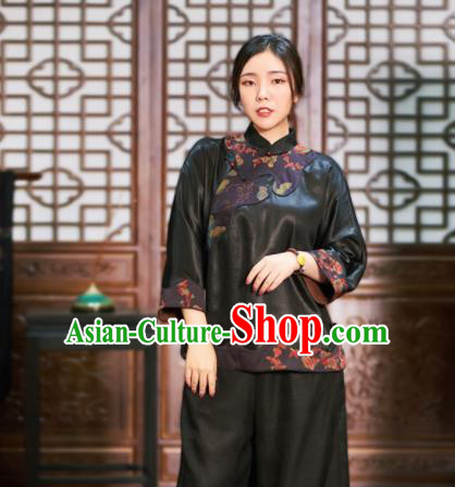 Top Grade Traditional Chinese Embroidered Black Jacket Tang Suit Silk Upper Outer Garment for Women
