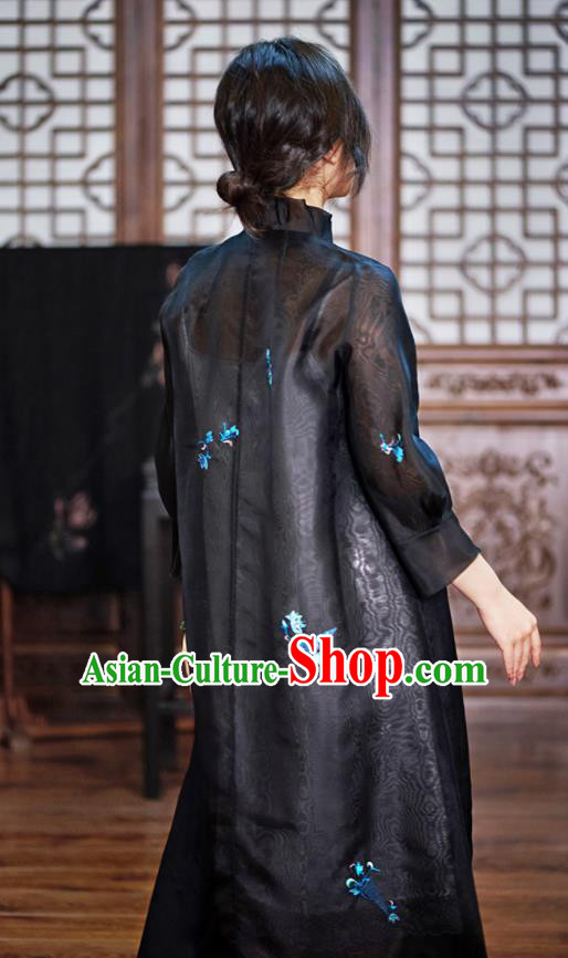 Traditional Chinese National Graceful Embroidered Black Organza Cheongsam Tang Suit Qipao Dress for Women