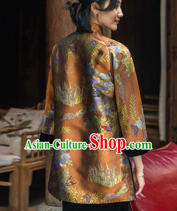 Top Grade Traditional Chinese Orange Cotton Wadded Jacket Tang Suit Silk Upper Outer Garment for Women