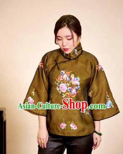 Top Grade Traditional Chinese Embroidered Brown Blouse Qipao Upper Outer Garment for Women