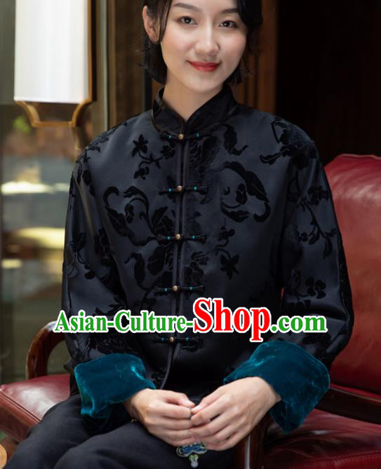 Top Grade Traditional Chinese National Embroidered Black Velvet Cotton Wadded Jacket Tang Suit Silk Upper Outer Garment for Women