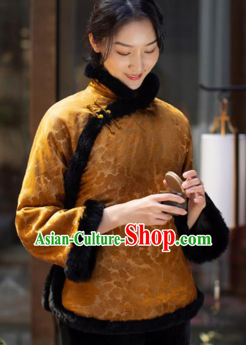 Top Grade Traditional Chinese National Golden Velvet Cotton Wadded Jacket Tang Suit Silk Upper Outer Garment for Women