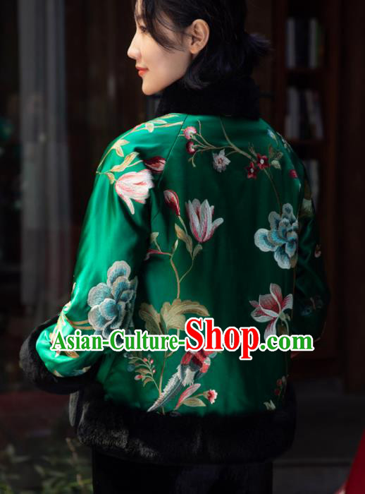 Top Grade Traditional Chinese National Embroidered Green Cotton Wadded Jacket Tang Suit Silk Upper Outer Garment for Women