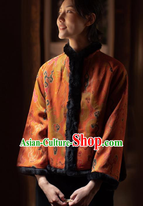 Top Grade Traditional Chinese National Orange Silk Cotton Wadded Jacket Tang Suit Upper Outer Garment for Women