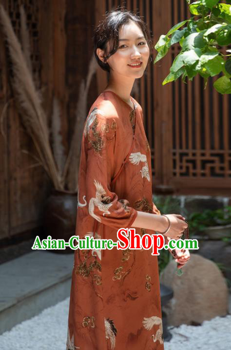 Traditional Chinese National Graceful Printing Cranes Orange Silk Cheongsam Tang Suit Qipao Dress for Women
