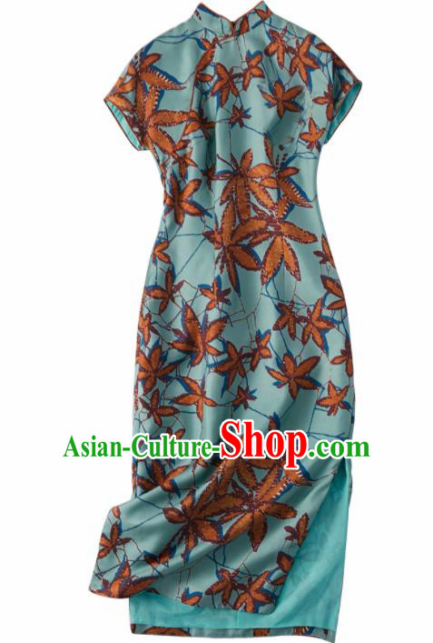 Traditional Chinese National Graceful Printing Blue Silk Cheongsam Tang Suit Qipao Dress for Women