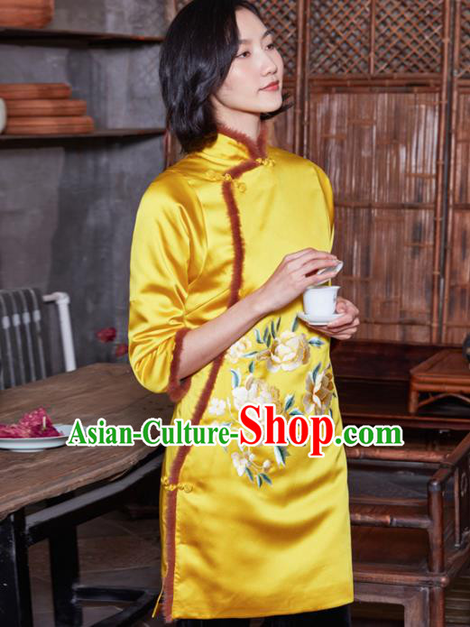 Top Grade Traditional Chinese National Embroidered Peony Yellow Silk Jacket Tang Suit Upper Outer Garment for Women
