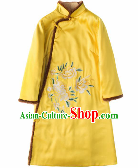 Top Grade Traditional Chinese National Embroidered Peony Yellow Silk Jacket Tang Suit Upper Outer Garment for Women