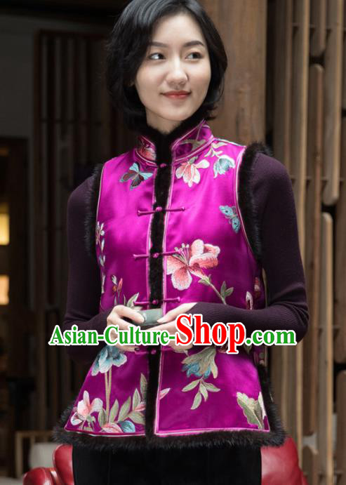 Top Grade Traditional Chinese Embroidered Purple Silk Vest Tang Suit Upper Outer Garment for Women