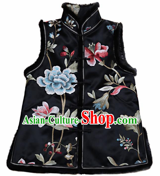 Top Grade Traditional Chinese Embroidered Black Silk Vest Tang Suit Upper Outer Garment for Women