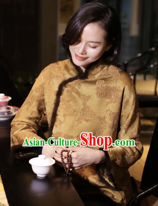 Top Grade Traditional Chinese National Ginger Cotton Wadded Jacket Tang Suit Upper Outer Garment for Women