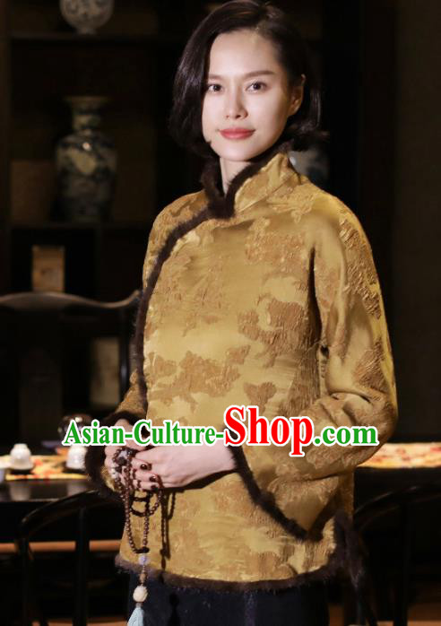 Top Grade Traditional Chinese National Ginger Cotton Wadded Jacket Tang Suit Upper Outer Garment for Women