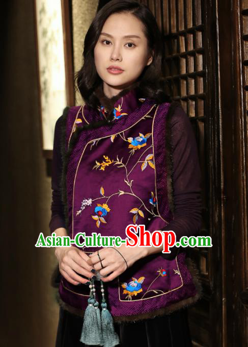 Top Grade Traditional Chinese Embroidered Purple Brocade Vest Tang Suit Upper Outer Garment for Women
