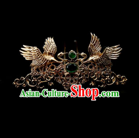 Chinese Ancient Princess Green Glass Hair Clip Golden Cranes Hairpins Traditional Classical Dance Hair Accessories for Women
