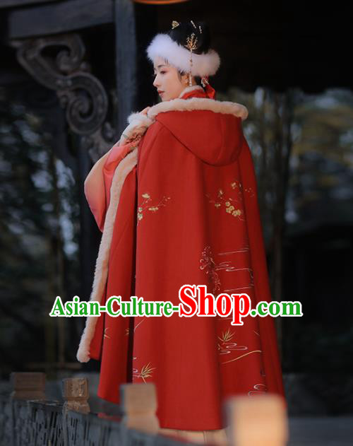 Chinese Ancient Nobility Lady Embroidered Red Cloak Traditional Ming Dynasty Imperial Princess Costumes for Women