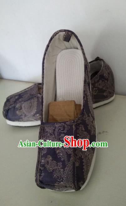 Chinese Kung Fu Shoes Deep Purple Brocade Shoes Traditional Hanfu Shoes Opera Shoes for Men