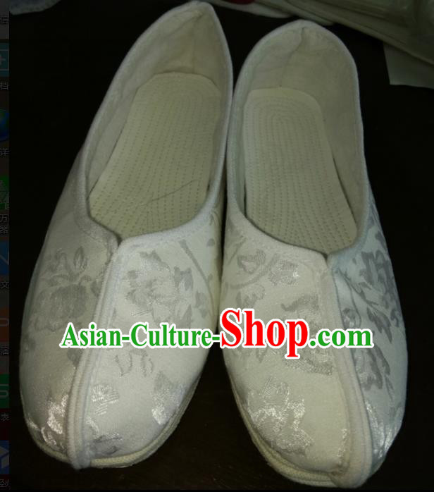 Chinese Kung Fu Shoes White Brocade Shoes Traditional Hanfu Shoes Opera Shoes for Men