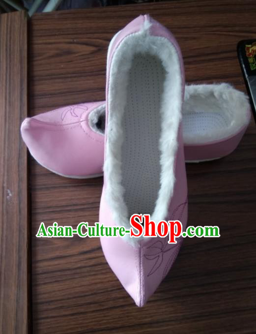 Chinese Traditional Pink Leather Shoes Opera Shoes Hanfu Shoes Ancient Princess Shoes for Women