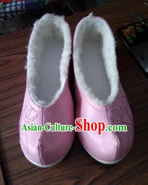 Chinese Traditional Pink Leather Shoes Opera Shoes Hanfu Shoes Ancient Princess Shoes for Women