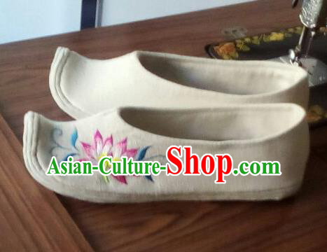 Chinese Traditional Handmade Embroidered Lotus White Shoes Opera Shoes Hanfu Shoes Ancient Princess Shoes for Women