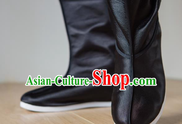 Chinese Ancient Swordsman Shoes Handmade Black Satin Boots Traditional Hanfu Shoes Opera Shoes for Men