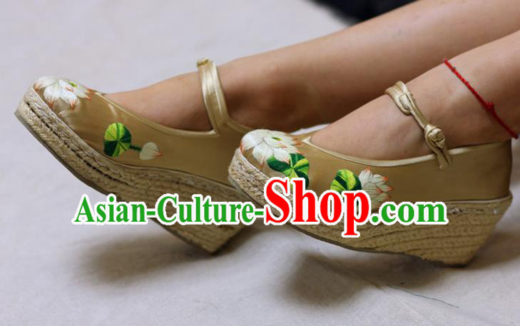 Chinese Traditional Embroidered Lotus Beige Brocade Wedge Heel Shoes Hanfu Shoes for Women