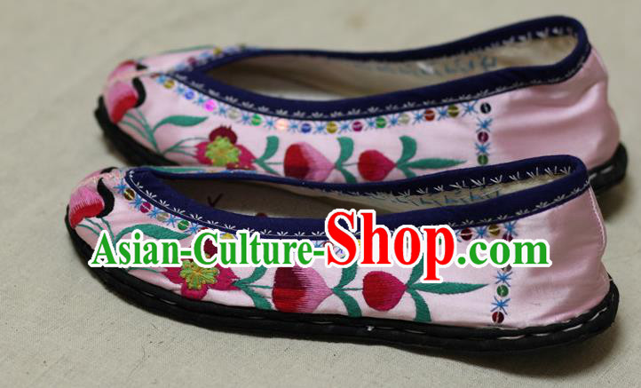Chinese Traditional Embroidered Flowers Pink Satin Shoes Hanfu Shoes for Women