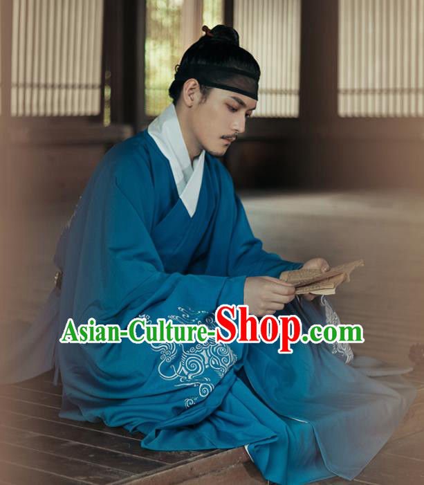 Chinese Ancient Taoist Priest Blue Robe Traditional Ming Dynasty Scholar Costumes for Men