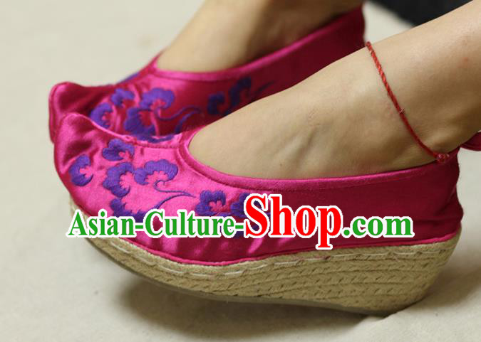 Chinese Traditional National Embroidered Rosy Satin Shoes Hanfu Shoes for Women