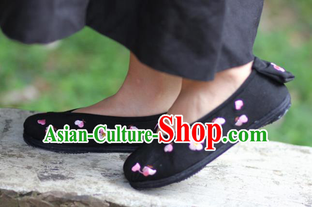 Chinese Embroidered Peach Blossom Black Shoes Handmade Hanfu Shoes Traditional National Shoes for Women