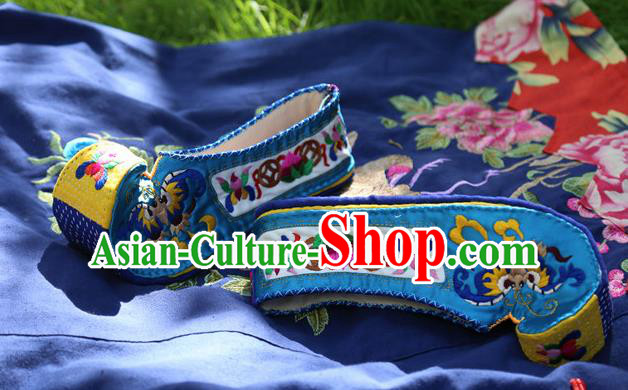Chinese Handmade Embroidered Blue Shoes Hanfu Shoes Traditional National Shoes for Women