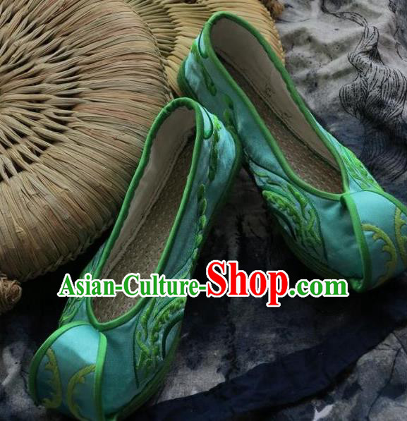 Chinese Handmade Green Embroidered Shoes Hanfu Shoes Traditional National Shoes for Women