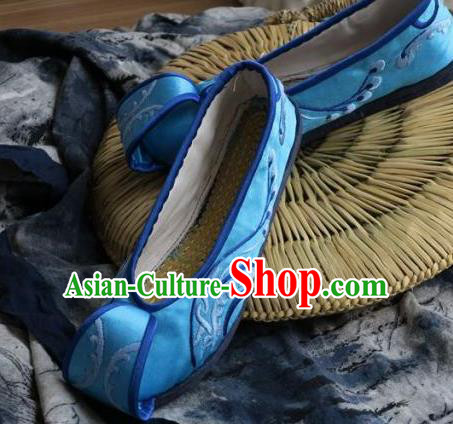 Chinese Handmade Blue Embroidered Shoes Hanfu Shoes Traditional National Shoes for Women