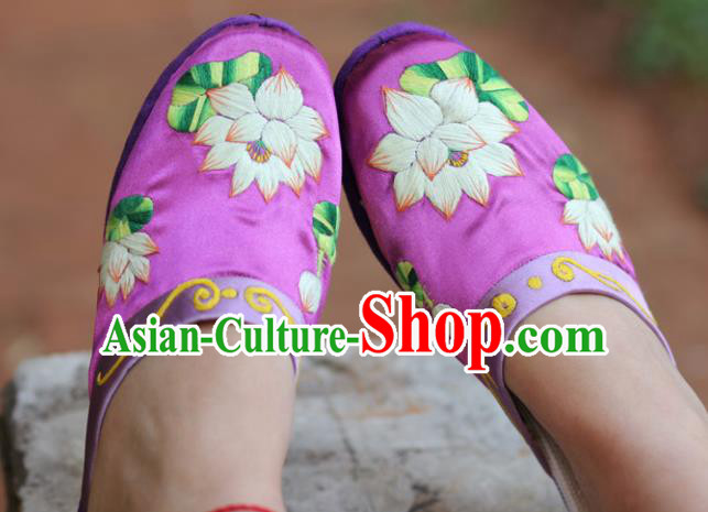 Chinese Traditional National Embroidered Lotus Purple Slippers Hanfu Shoes for Women