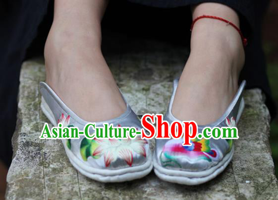 Chinese Traditional National Embroidered Mandarin Duck Lotus Argent Slippers Hanfu Shoes for Women