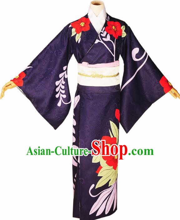 Japanese Cosplay Geisha Deep Blue Kimono Dress Traditional Ancient Courtesan Costume for Women