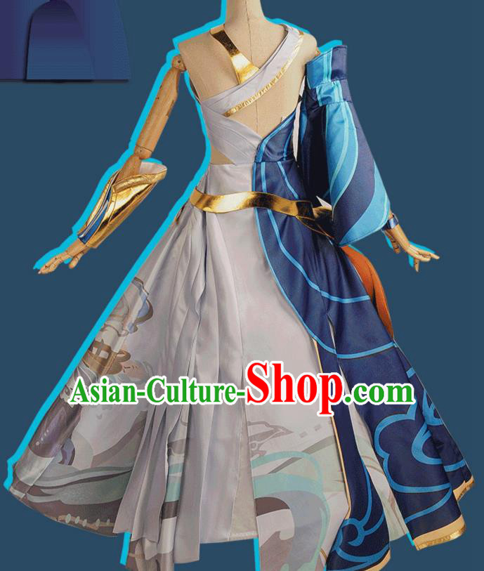 Chinese Cosplay Game Swordswoman Blue Dress Traditional Ancient Female Knight Costume for Women