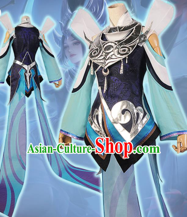 Chinese Cosplay Game Fairy Swordswoman Deep Blue Dress Traditional Ancient Female Knight Costume for Women