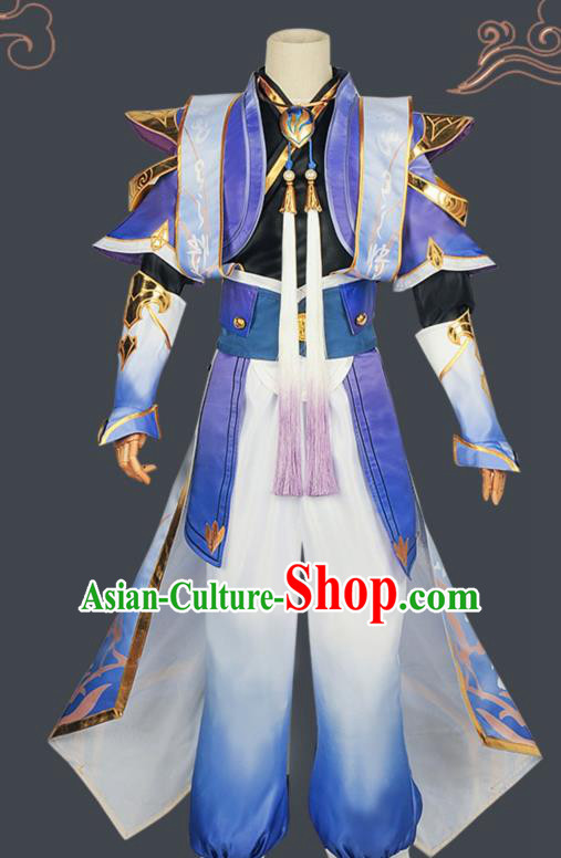 Chinese Cosplay Swordsman Blue Hanfu Clothing Traditional Ancient Knight Costume for Men