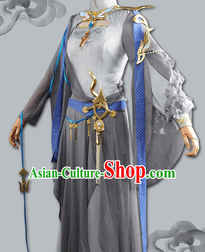 Chinese Cosplay Game Fairy Princess Grey Dress Traditional Ancient Female Swordsman Costume for Women