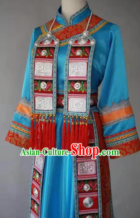 Chinese Yugu Ethnic Stage Show Costumes Traditional Nationality Folk Dance Blue Dress for Women