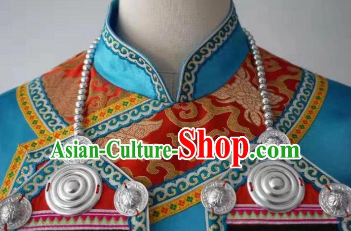 Chinese Yugu Ethnic Stage Show Costumes Traditional Nationality Folk Dance Blue Dress for Women