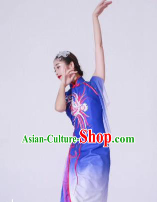Chinese Classical Dance Blue Dress Traditional Fan Dance Stage Show Costume for Women