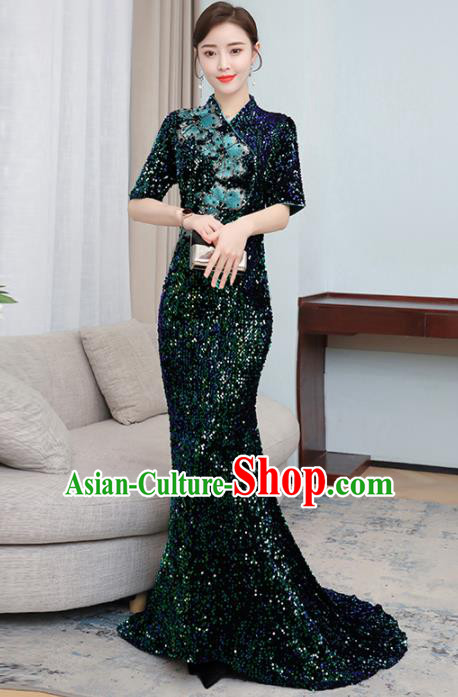 Chinese Traditional Deep Green Sequins Trailing Cheongsam Costume China National Qipao Dress for Women
