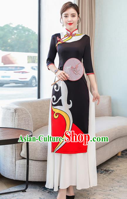 Vietnamese Traditional Printing Costume Asian Vietnam Black Ao Dai Dress for Women