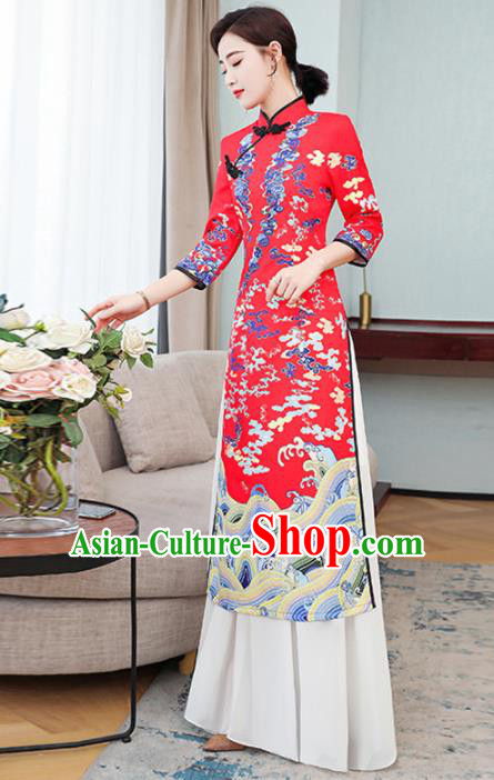 Vietnamese Traditional Costume Vietnam Red Ao Dai Dress for Women