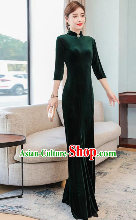 Chinese Traditional Compere Deep Green Long Cheongsam Costume China National Qipao Dress for Women