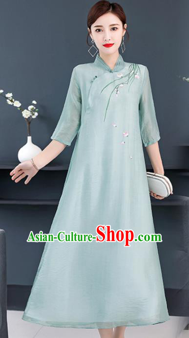 Chinese Traditional Compere Embroidered Orchid Green Cheongsam Costume China National Qipao Dress for Women