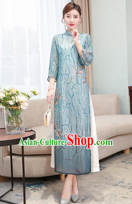 Chinese Traditional Compere Blue Organza Cheongsam Costume China National Qipao Dress for Women