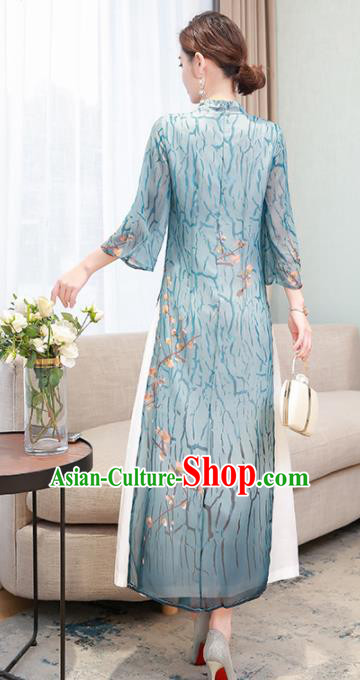 Chinese Traditional Compere Blue Organza Cheongsam Costume China National Qipao Dress for Women